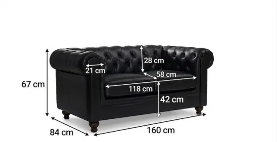 2 Seater Black Leather Chesterfield Sofa Dimensions
