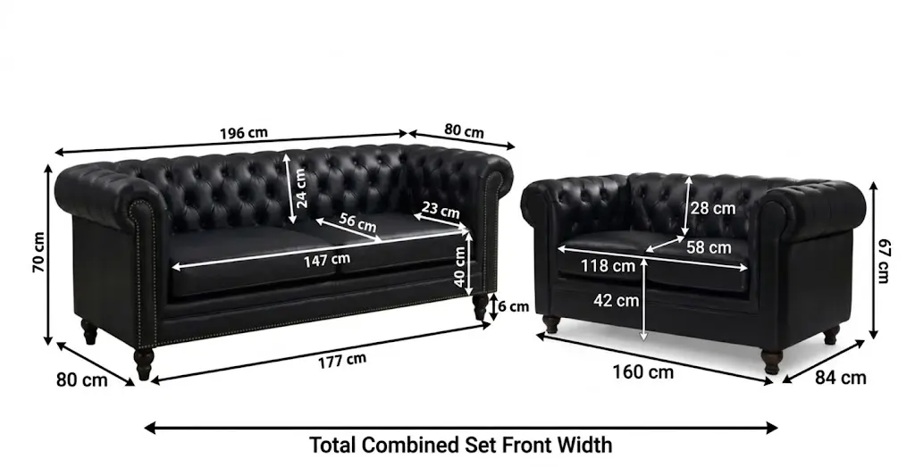 3+2 Seater Black Leather Chesterfield Sofa Set Dimensions