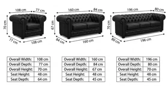 3+2+1 Seater Black Leather Chesterfield Sofa Set Dimensions