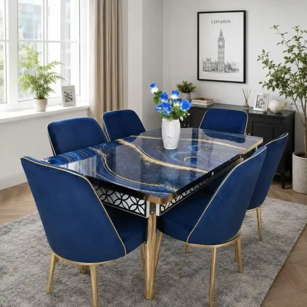 6 Seater Dining Table Set in Blue Colour