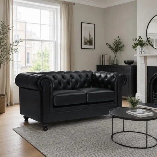 Black Leather 2 Seater Chesterfield Sofa