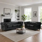 Black Leather 3+2 Seater Chesterfield Sofa Set