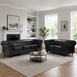 Black Leather 3+2 Seater Chesterfield Sofa Set