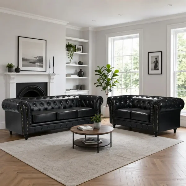 Black Leather 3+2 Seater Chesterfield Sofa Set
