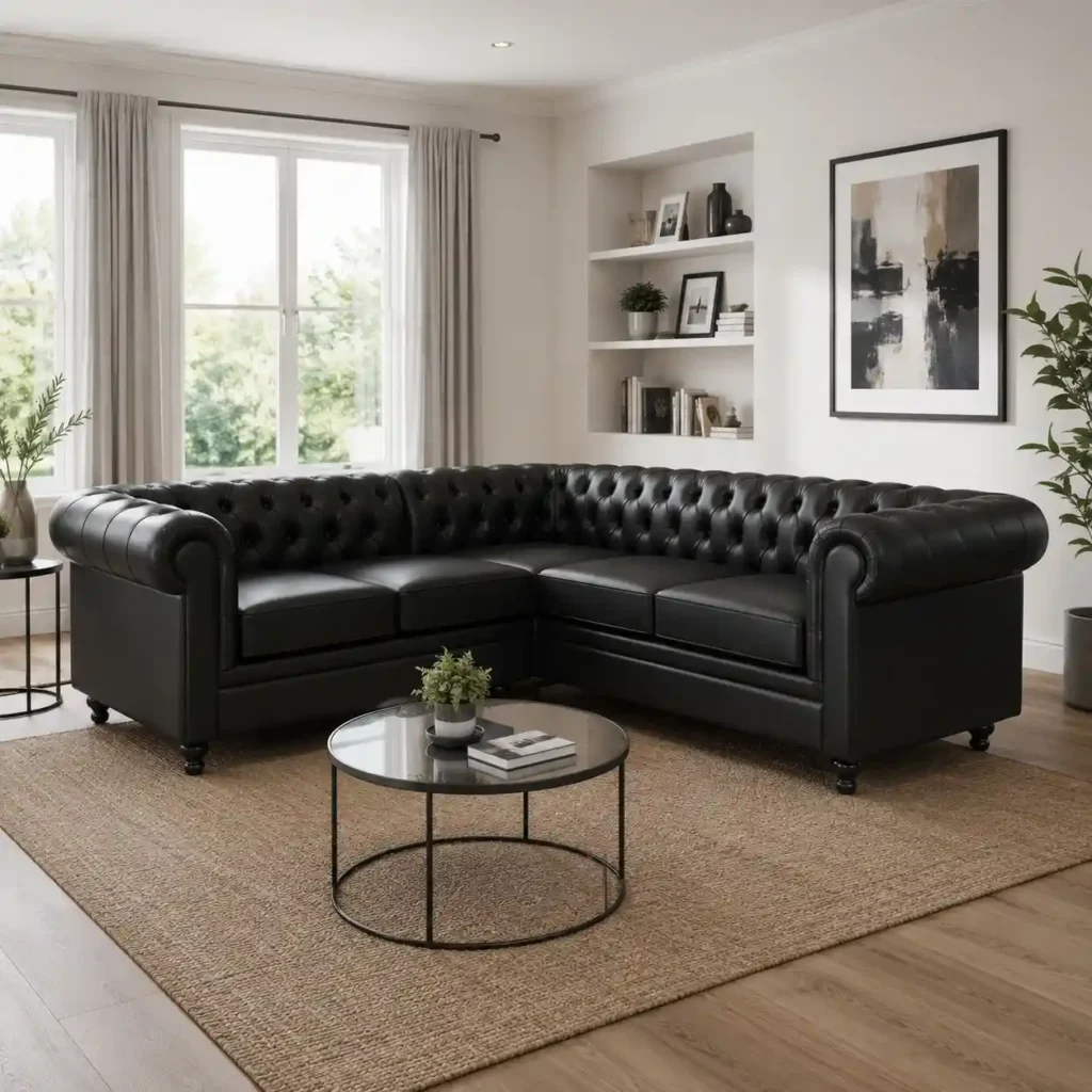 Black Leather Chesterfield Corner Sofa