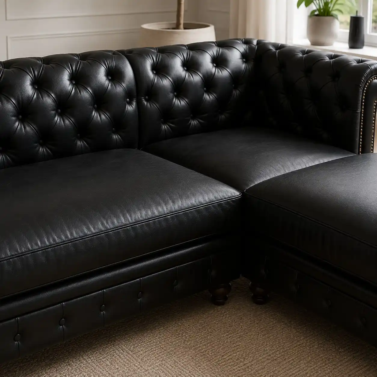 Black Leather L Shape Chesterfield Sofa - Image 2