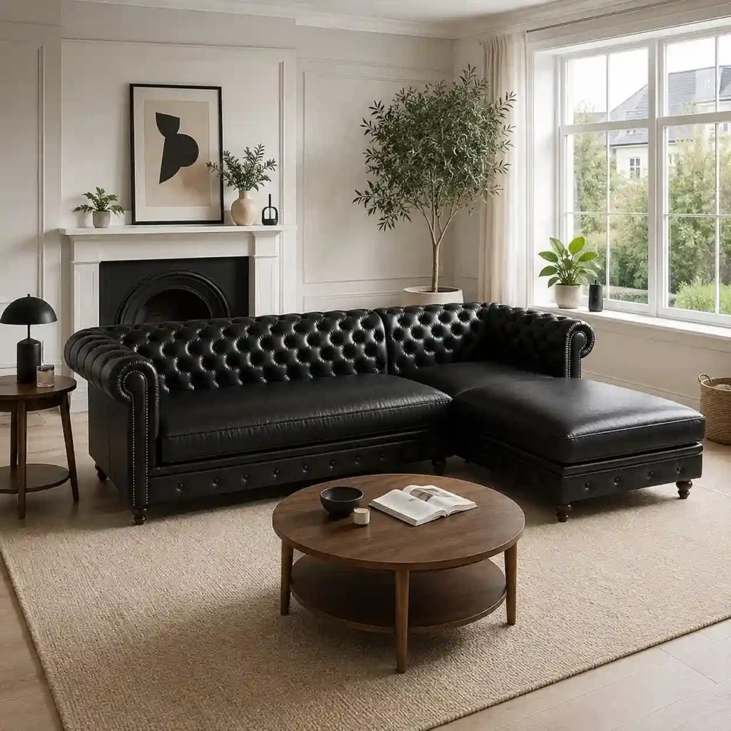 Black Leather L-Shape Chesterfield Sofa - Room Set Up