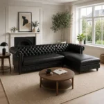 Black Leather L Shape Chesterfield Sofa