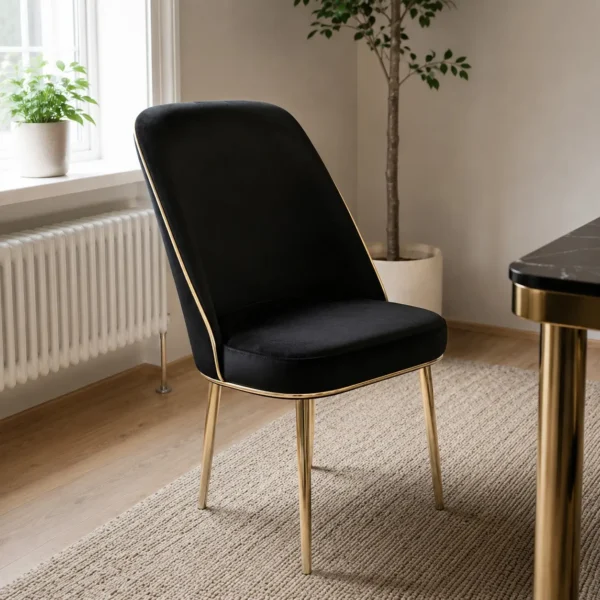 Black velvet dining chair with gold piping trim and gold metal legs from Climax Furniture Black velvet dining chair with gold piping trim and gold metal legs from Climax Furniture