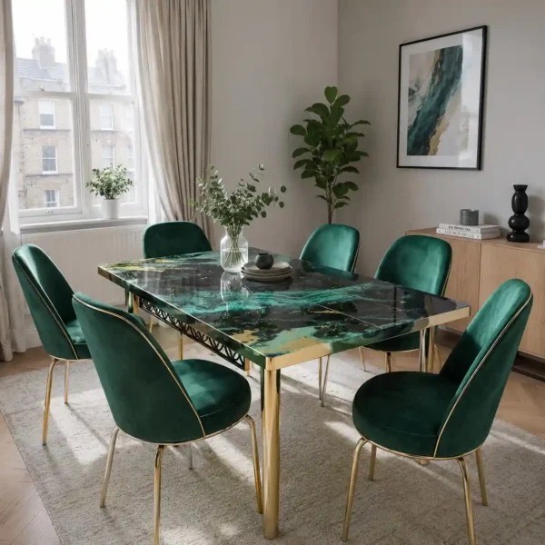 Emerald Marble Dining Table Set 6 Chairs & Gold Legs in Room Setup