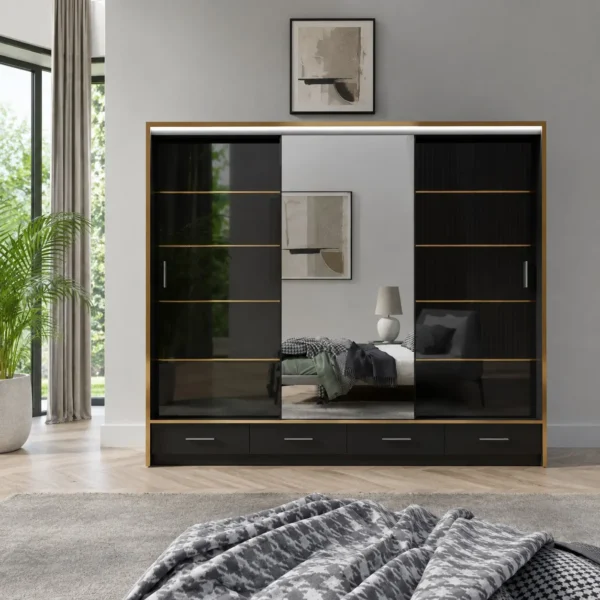 Florence 256cm Black and gold High Gloss 3 Sliding Door Wardrobe with Mirror
