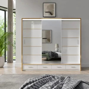 Florence 256cm High Gloss 3 Sliding Door Wardrobe with Mirror & Free Assembly