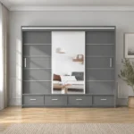 Florence 256cm grey and gold High Gloss 3 Sliding Door Wardrobe with Mirror