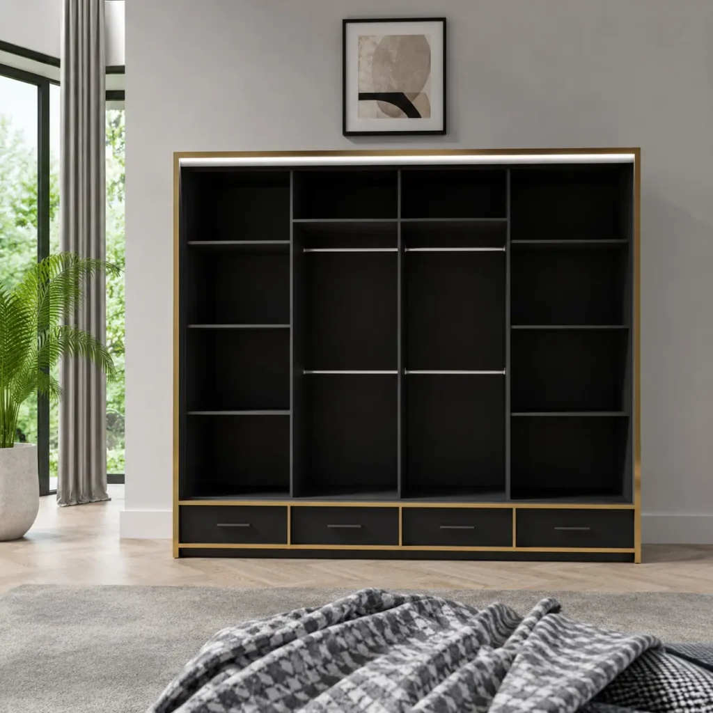Florence black and gold 256cm inner section High Gloss 3 Sliding Door Wardrobe with Mirror