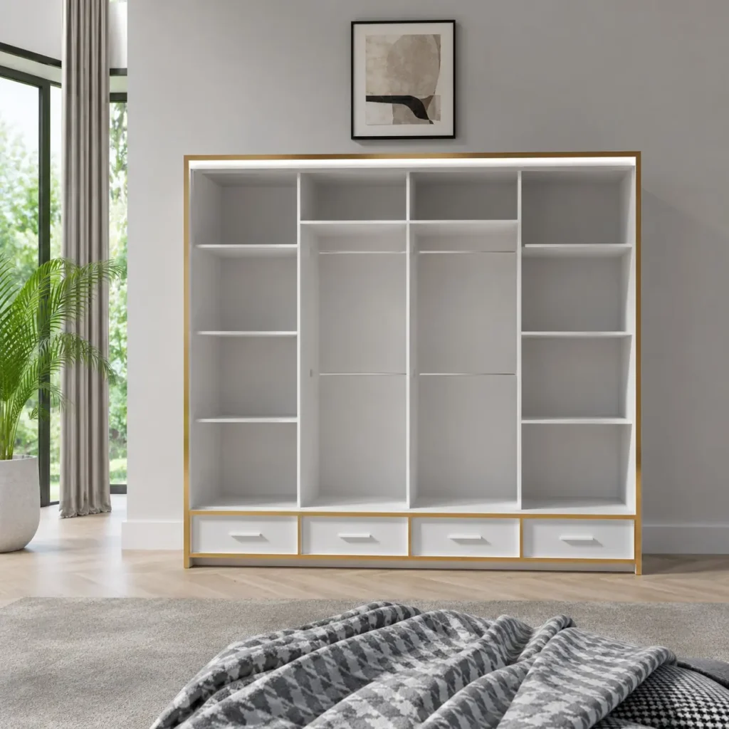 Florence white and gold 256cm inner section High Gloss 3 Sliding Door Wardrobe with Mirror