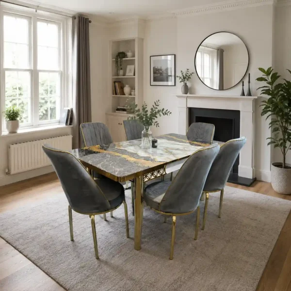 Grey & Silver Marble Dining Set Modern Frame Design