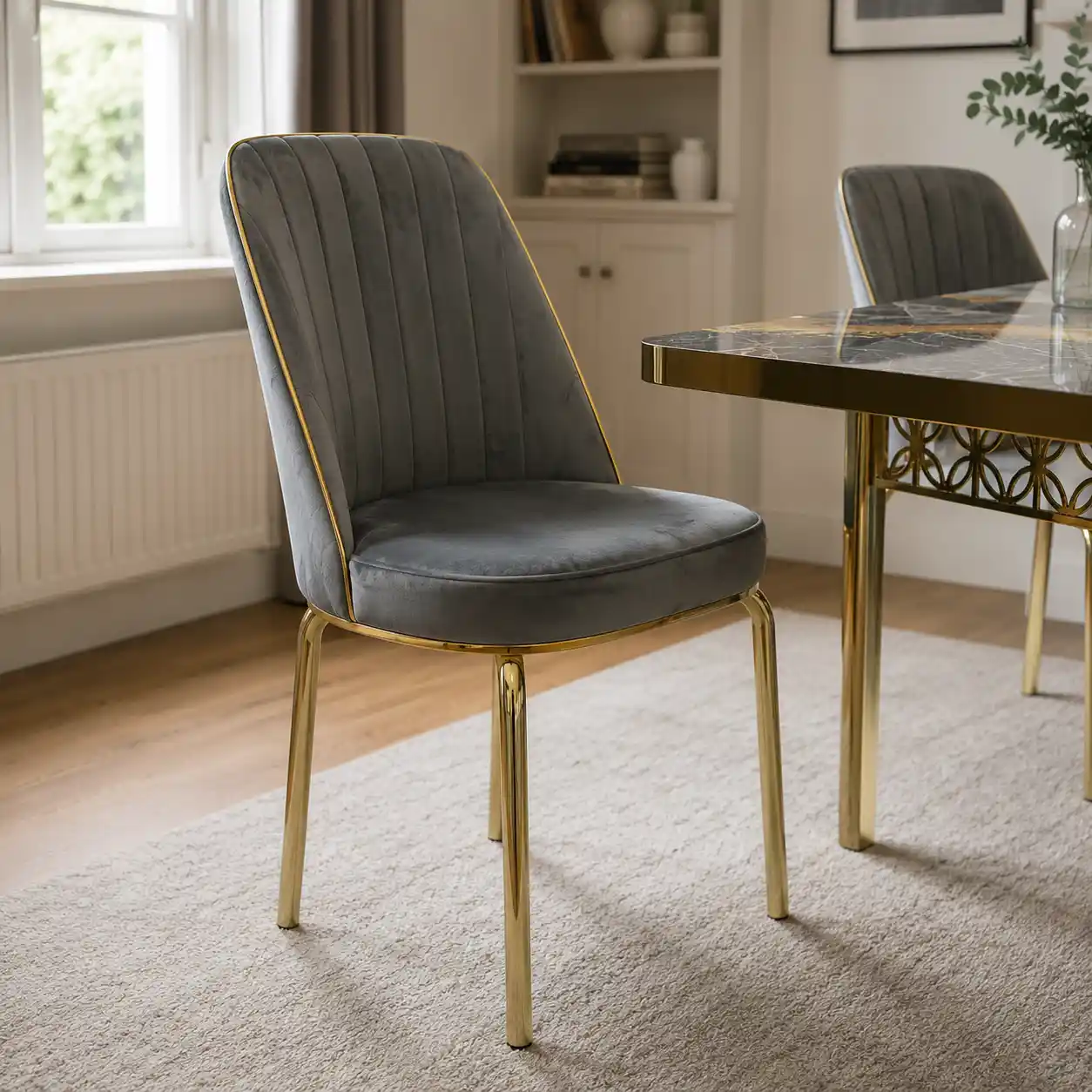 Grey & Silver Marble Dining Set Modern Frame Design chair closeup