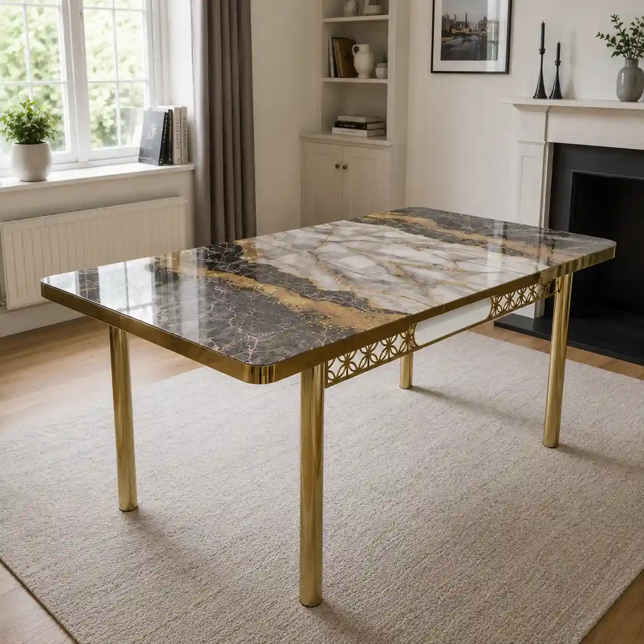 Grey & Silver Marble Dining Set Modern Frame Design table closeup