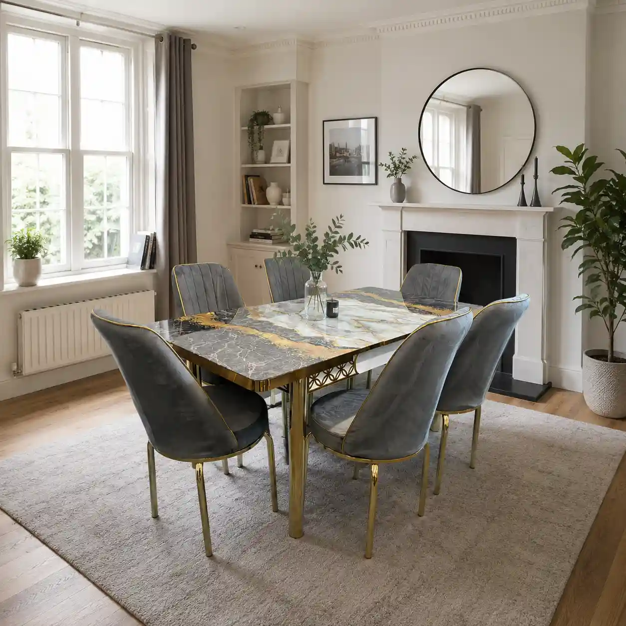 Grey & Silver Marble Dining Set Modern Frame Design