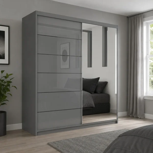 Infinity High Gloss 150cm Sliding Mirror Wardrobe – Grey Infinity High Gloss 150cm Sliding Mirror Wardrobe - Grey