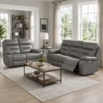 Leather Recliner 3+2 Seater Sofa Set- In Room Setup - Grey Colour