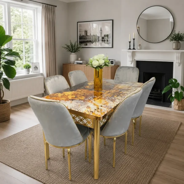 Luxury Extendable Gold Marble Dining Table in room setup