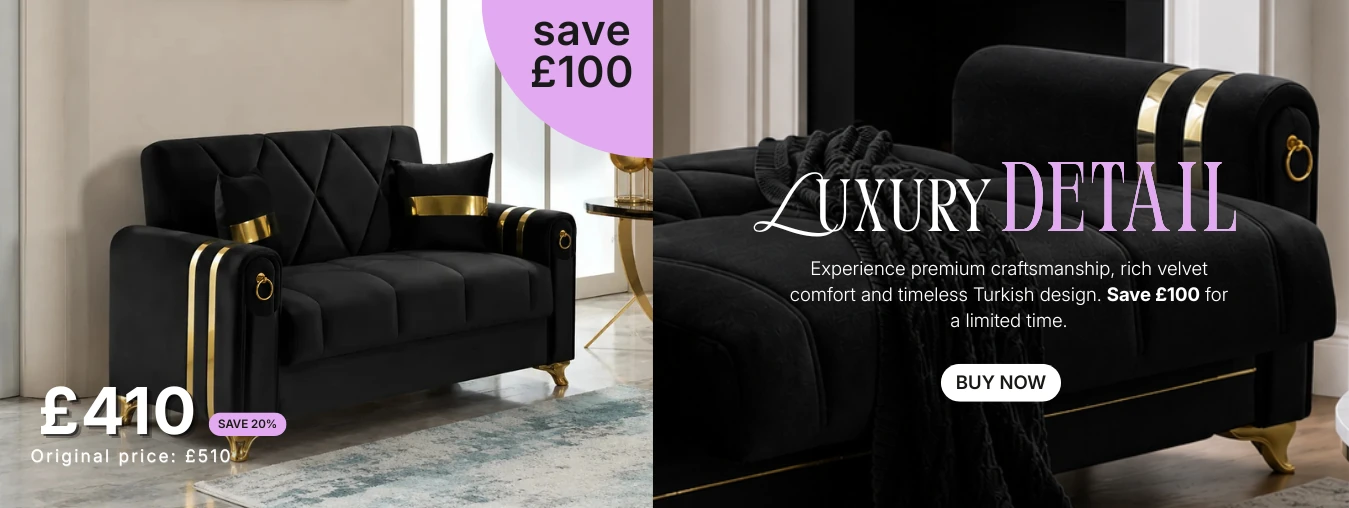 Turkish 2 Seater Sofa Bed in black velvet with gold accents