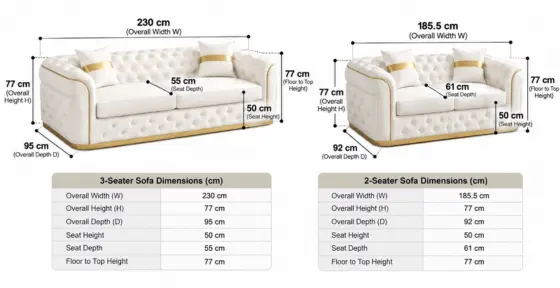 Turkish 3+2 Seater Sofa Set Dimensions
