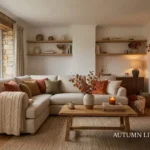 Autumn living room refresh with cosy neutral sofa and warm autumn decor