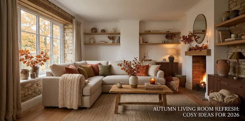 Autumn living room refresh with cosy neutral sofa and warm autumn decor