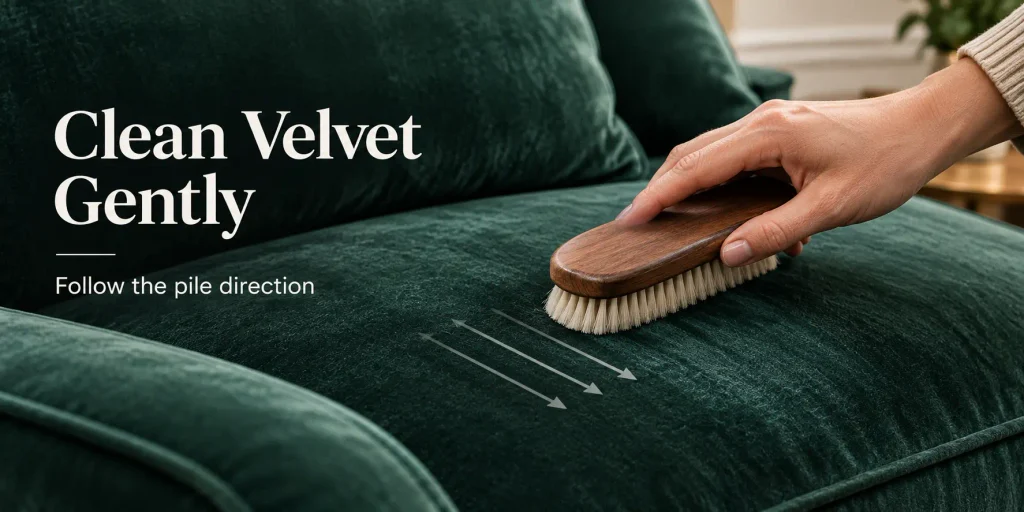 Brushing velvet sofa upholstery in the direction of the pile
