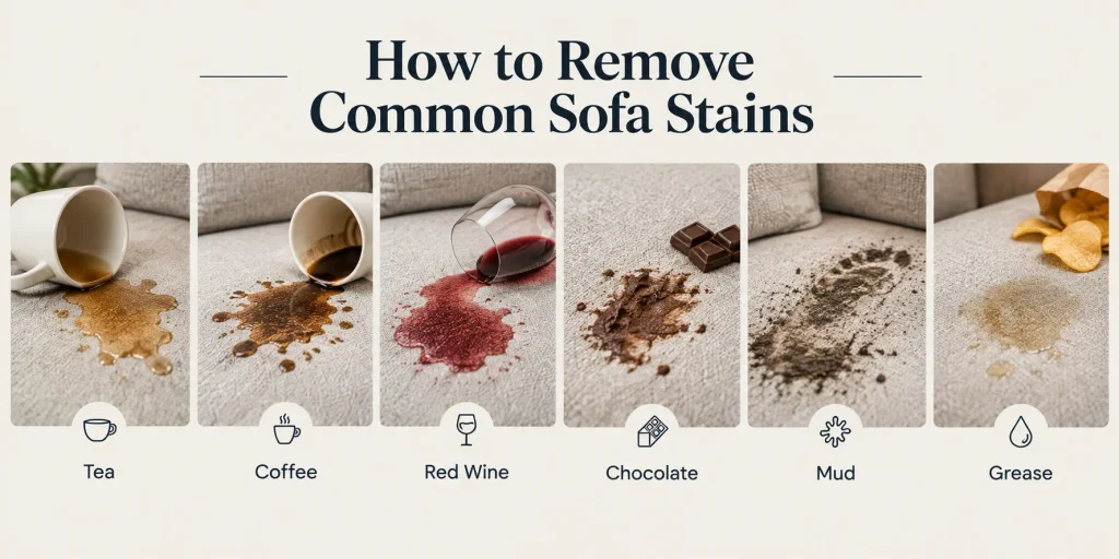 Common stains found on fabric and velvet sofas