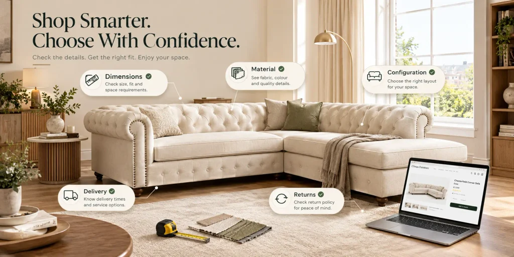 Cream Chesterfield L-shaped sofa in a bright UK living room with callouts for dimensions, material, configuration, delivery and returns, plus a laptop showing an online furniture product page.