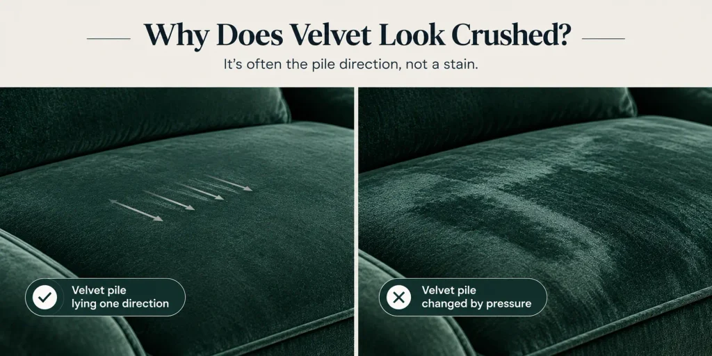 Velvet pile direction and crushed velvet appearance
