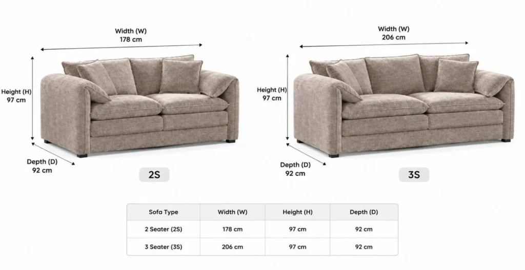 Venice Velvet 3+2 Seater Sofa dimensions