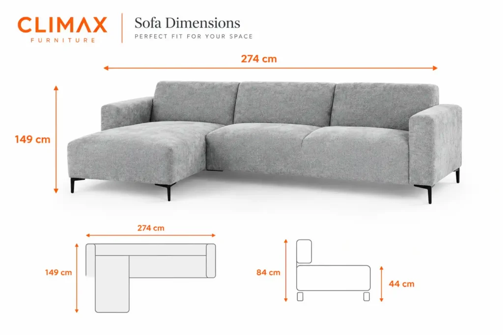 CF Elara Corner Sofa in Grey Fabric, sofa dimesnion, Modern Gray Sectional Sofa Dimensions