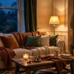 Cosy winter living room ideas UK — warm lighting and layered throws after the clocks go back