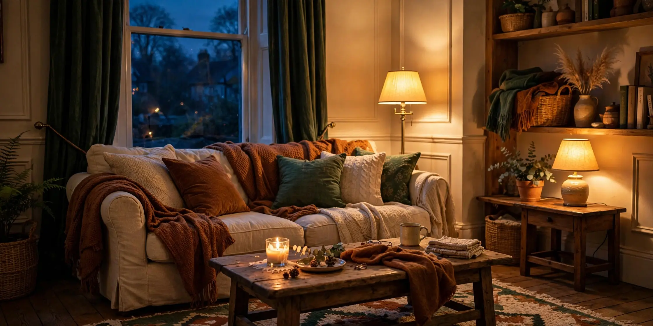 Cosy winter living room ideas UK — warm lighting and layered throws after the clocks go back
