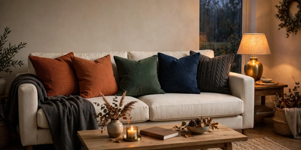 Dark autumn colour cushions — terracotta, forest green and ochre