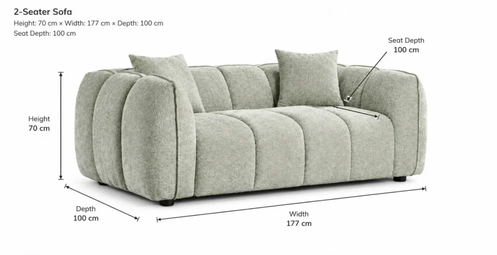 Grey Fabric 2 Seater Sofa – Ventura dimensions