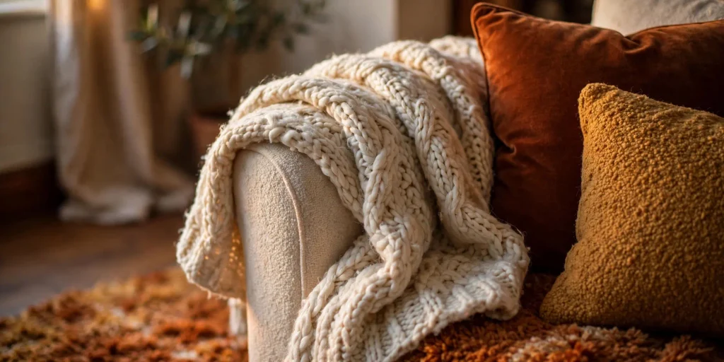 Layered throws and textured rug for a cosy winter living room