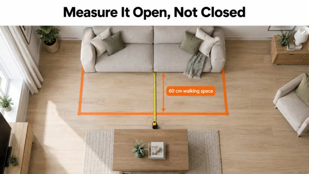 Masking tape marking the open size of a sofa bed on a living room floor, with 60 cm walking space measured