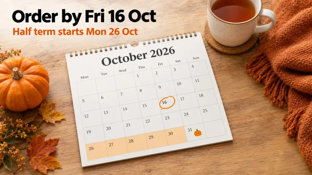 October calendar with 16 October circled as the order date for a sofa bed before half term on 26 October