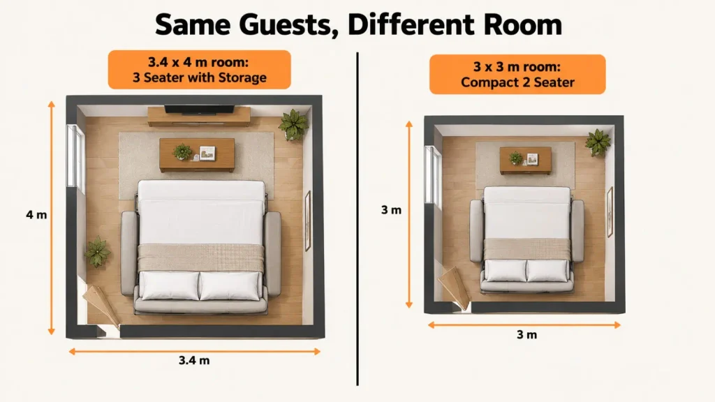 Floor plans comparing a 3 seater sofa bed with storage in a larger room and a compact 2 seater sofa bed for small flats