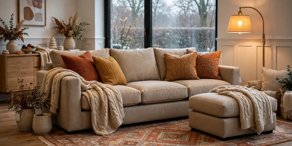 Comfortable UK-made sofa with footstool for winter lounging — Climax Furniture