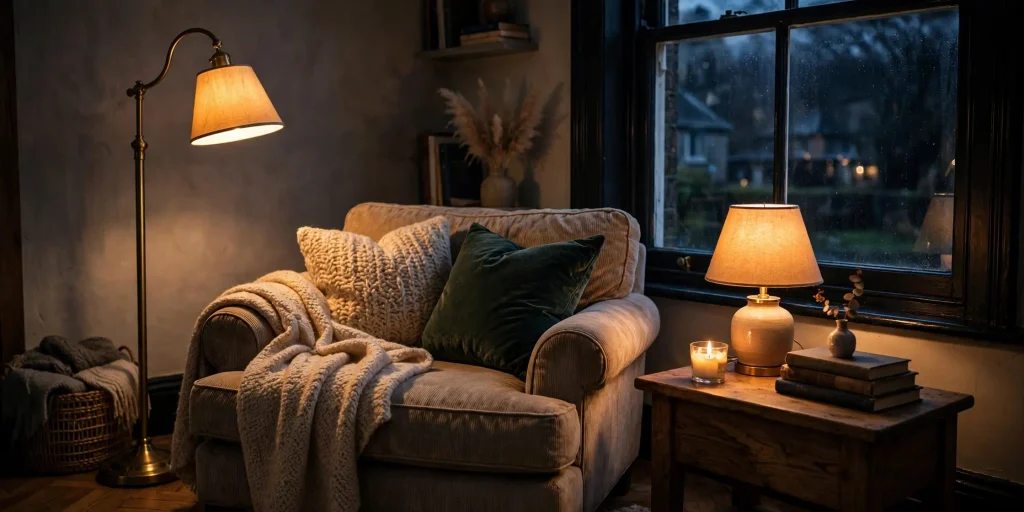 Layered warm lighting for darker UK winter evenings
