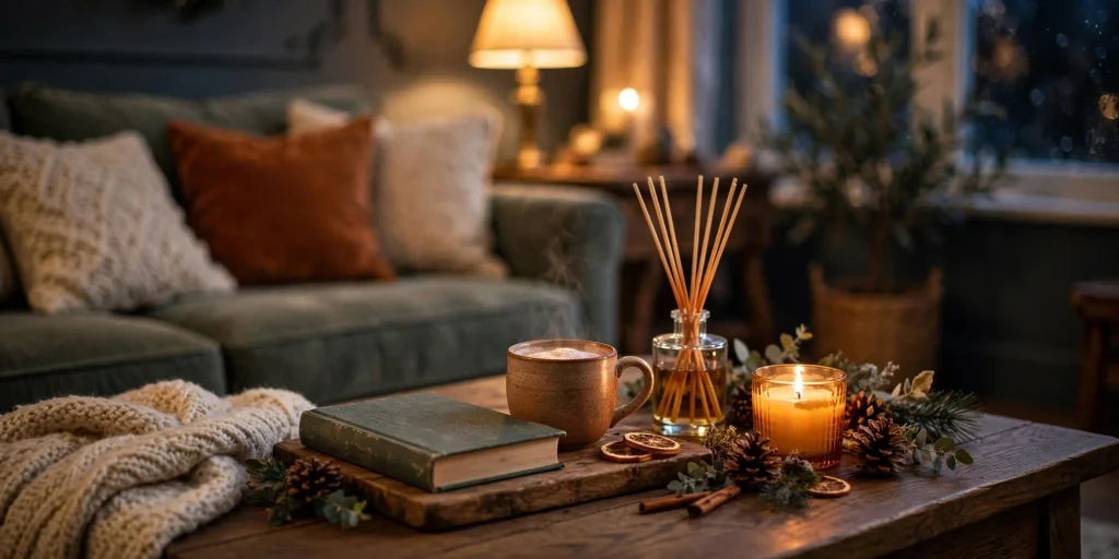 Winter finishing touches — candles and scented diffuser in a cosy living room