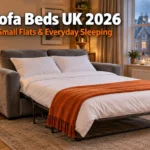 Grey 3 seater sofa bed opened and made up for guests in a cosy UK living room, Best Sofa Beds UK 2026