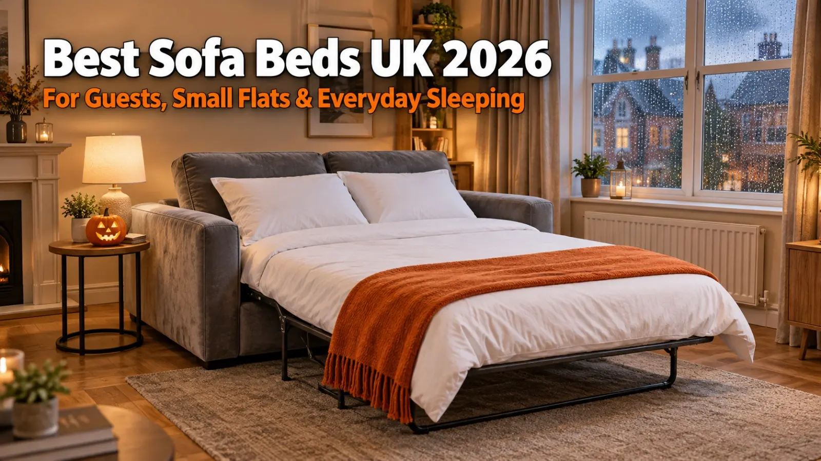 Grey 3 seater sofa bed opened and made up for guests in a cosy UK living room, Best Sofa Beds UK 2026