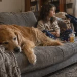 best sofa fabric for pets and kids UK shown in a lived-in family living room with a dog and child on a grey sofa